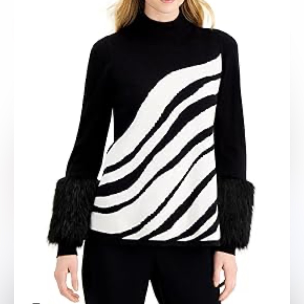 Alfani Black and Cream Turtleneck Sweater with Faux Fur Cuffs